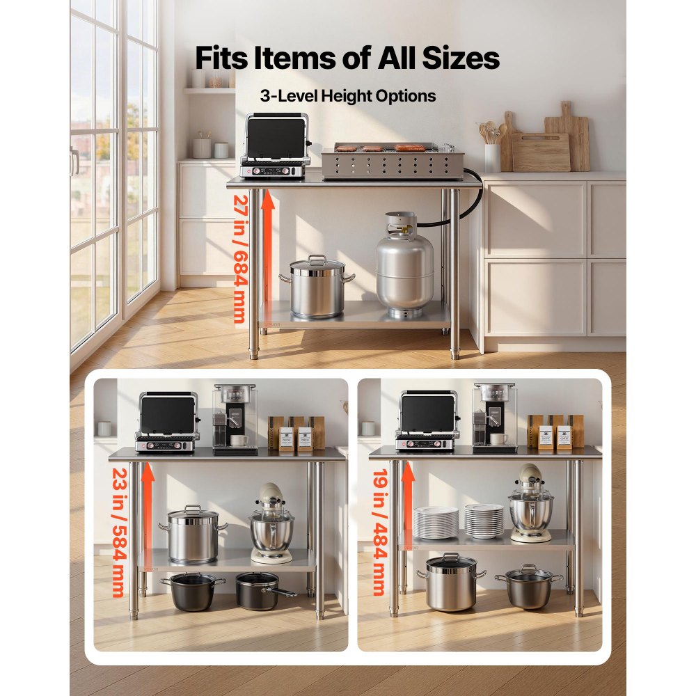 VEVOR Stainless Steel Work Table, 61x122 cm Food Prep Table, Commercial Kitchen Workstation with Adjustable Undershelf, Metal Heavy Duty Utility Worktable, for Restaurant Home Hotel Garage Outdoor