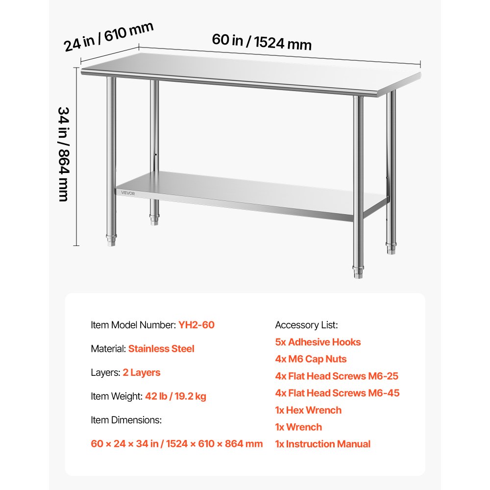 VEVOR Stainless Steel Work Table, 24x48 Inch Food Prep Table, Commercial Kitchen Workstation with Adjustable Undershelf, Metal Heavy Duty Utility Worktable, for Restaurant Home Hotel Garage Outdoor
