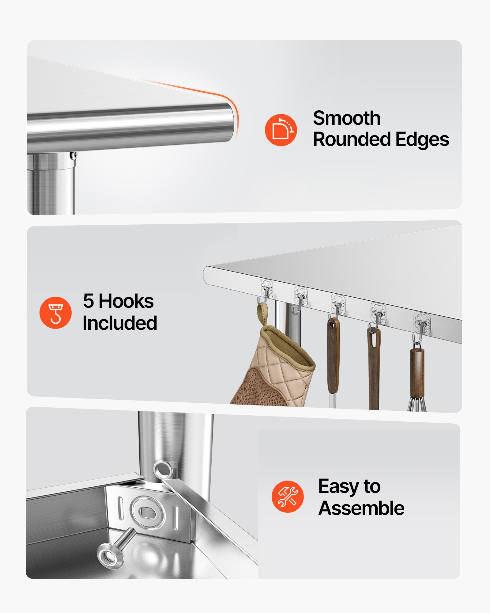 VEVOR Stainless Steel Work Table, 61x122 cm Food Prep Table, Commercial Kitchen Workstation with Adjustable Undershelf, Metal Heavy Duty Utility Worktable, for Restaurant Home Hotel Garage Outdoor
