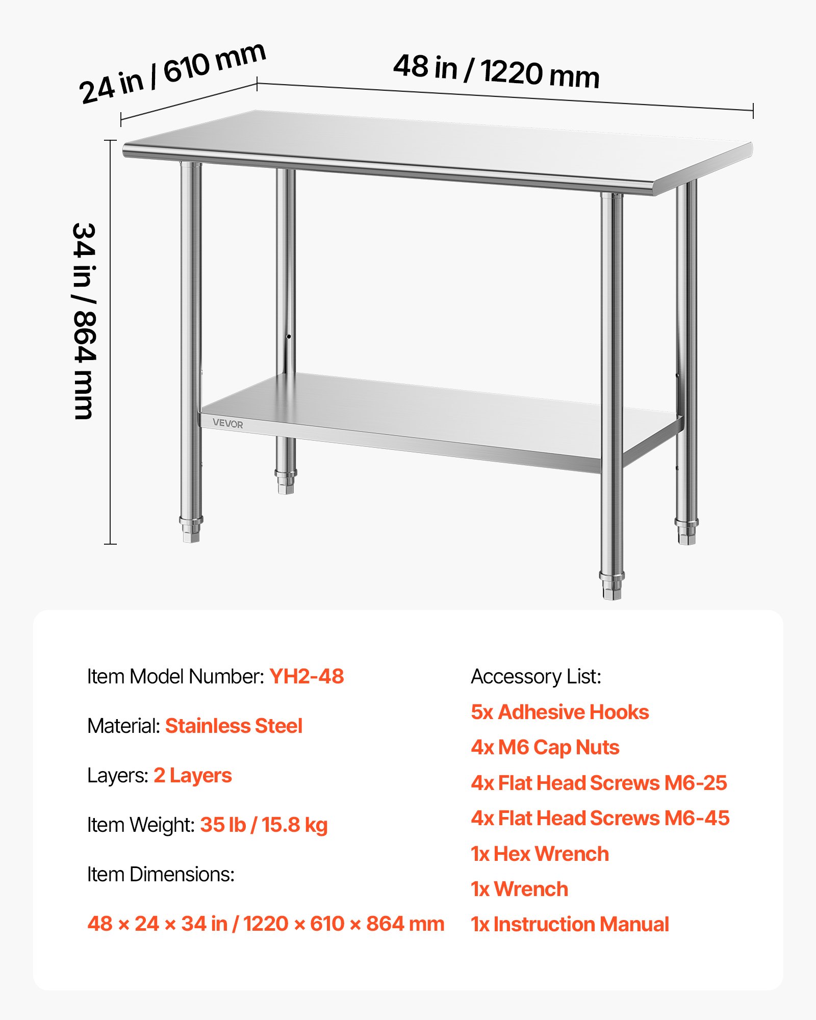 VEVOR Stainless Steel Work Table, 61x122 cm Food Prep Table, Commercial Kitchen Workstation with Adjustable Undershelf, Metal Heavy Duty Utility Worktable, for Restaurant Home Hotel Garage Outdoor