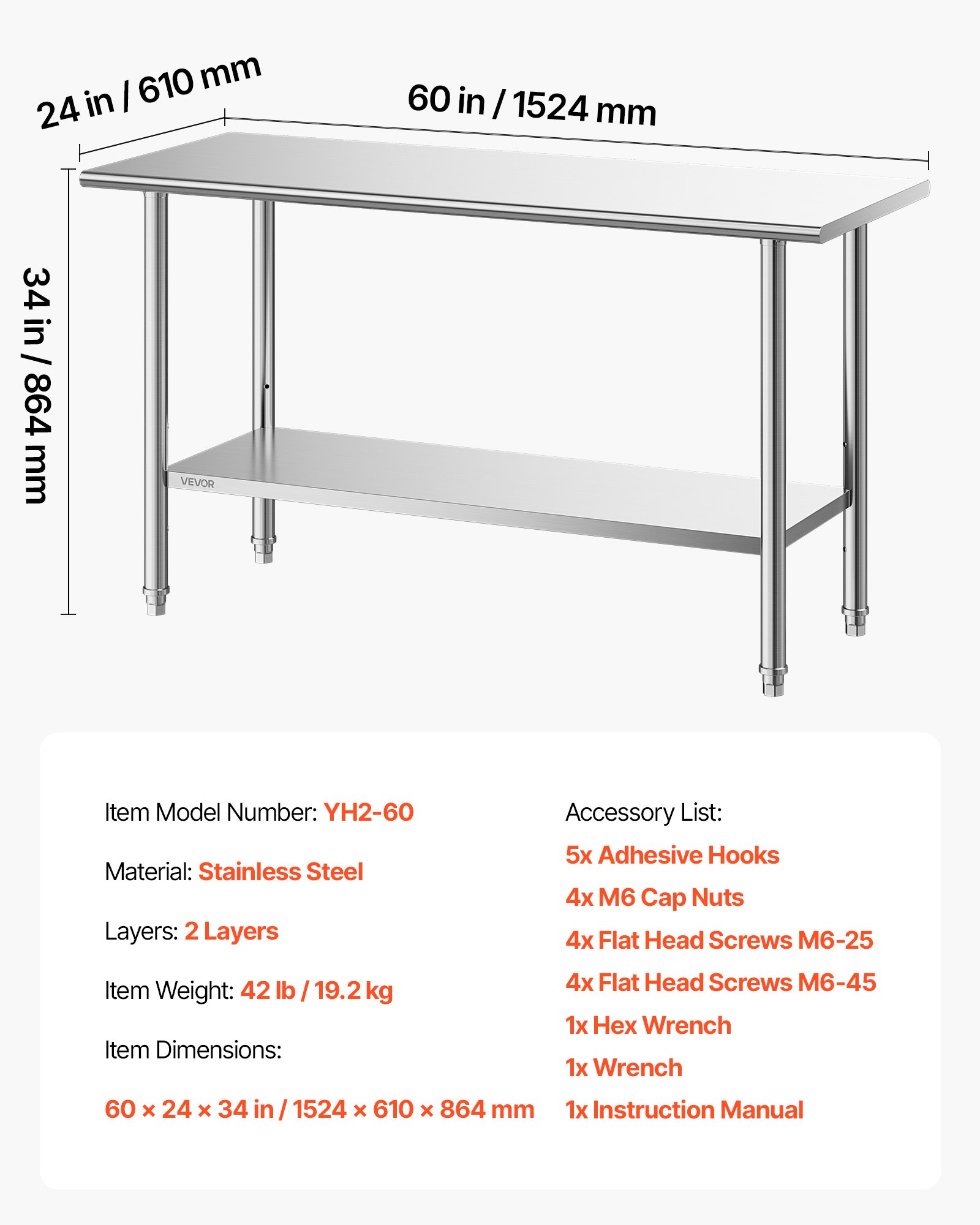 VEVOR Stainless Steel Work Table, 24x48 Inch Food Prep Table, Commercial Kitchen Workstation with Adjustable Undershelf, Metal Heavy Duty Utility Worktable, for Restaurant Home Hotel Garage Outdoor