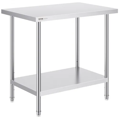 VEVOR Stainless Steel Prep Table, 24 x 36 x 34 Inch, Heavy Duty Metal Worktable with 3 Adjustable Height Levels, Commercial Workstation for Kitchen Garage Restaurant Backyard
