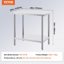 VEVOR Stainless Steel Prep Table, 24 x 36 x 34 Inch, Heavy Duty Metal Worktable with 3 Adjustable Height Levels, Commercial Workstation for Kitchen Garage Restaurant Backyard