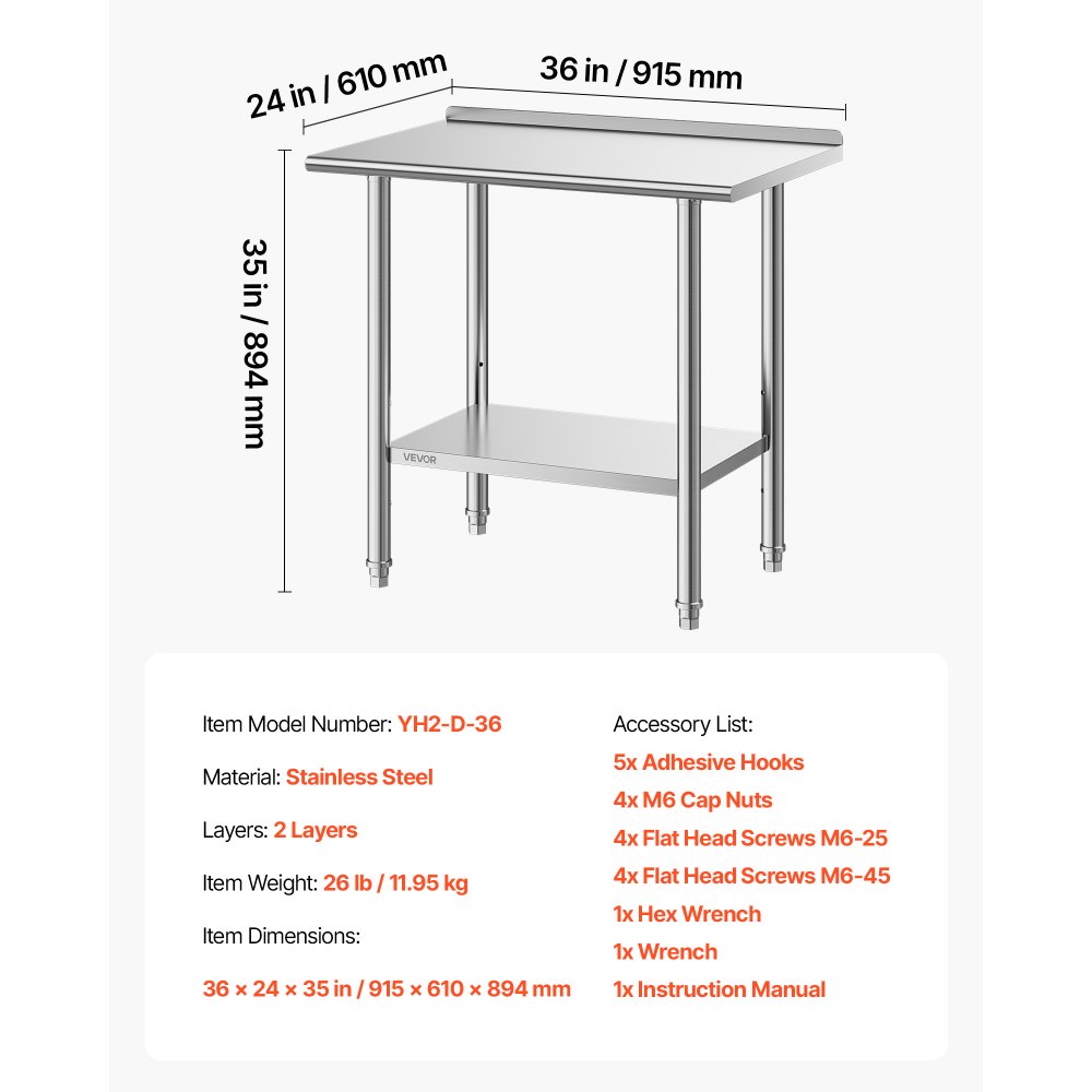 VEVOR Stainless Steel Work Table, 61x91.5 cm Food Prep Table with Backsplash, Commercial Kitchen Workstation with Adjustable Undershelf, Metal Heavy Duty Utility Worktable, for Restaurant Home Outdoor
