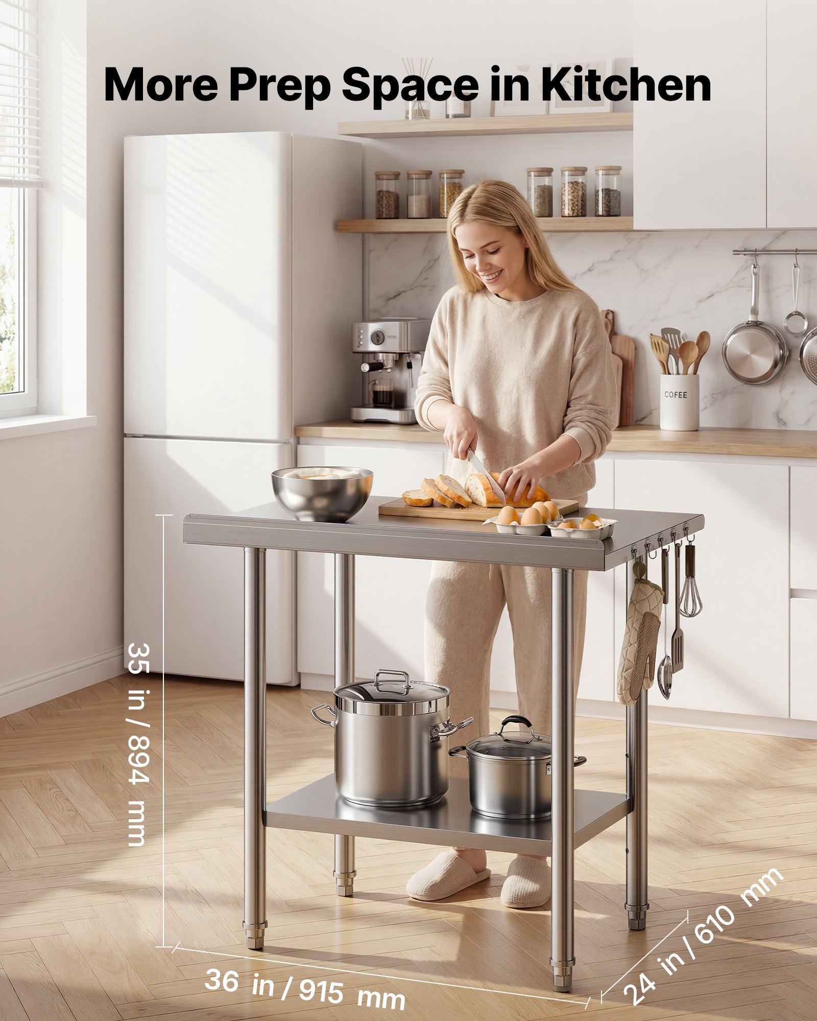 VEVOR Stainless Steel Work Table, 61x91.5 cm Food Prep Table with Backsplash, Commercial Kitchen Workstation with Adjustable Undershelf, Metal Heavy Duty Utility Worktable, for Restaurant Home Outdoor