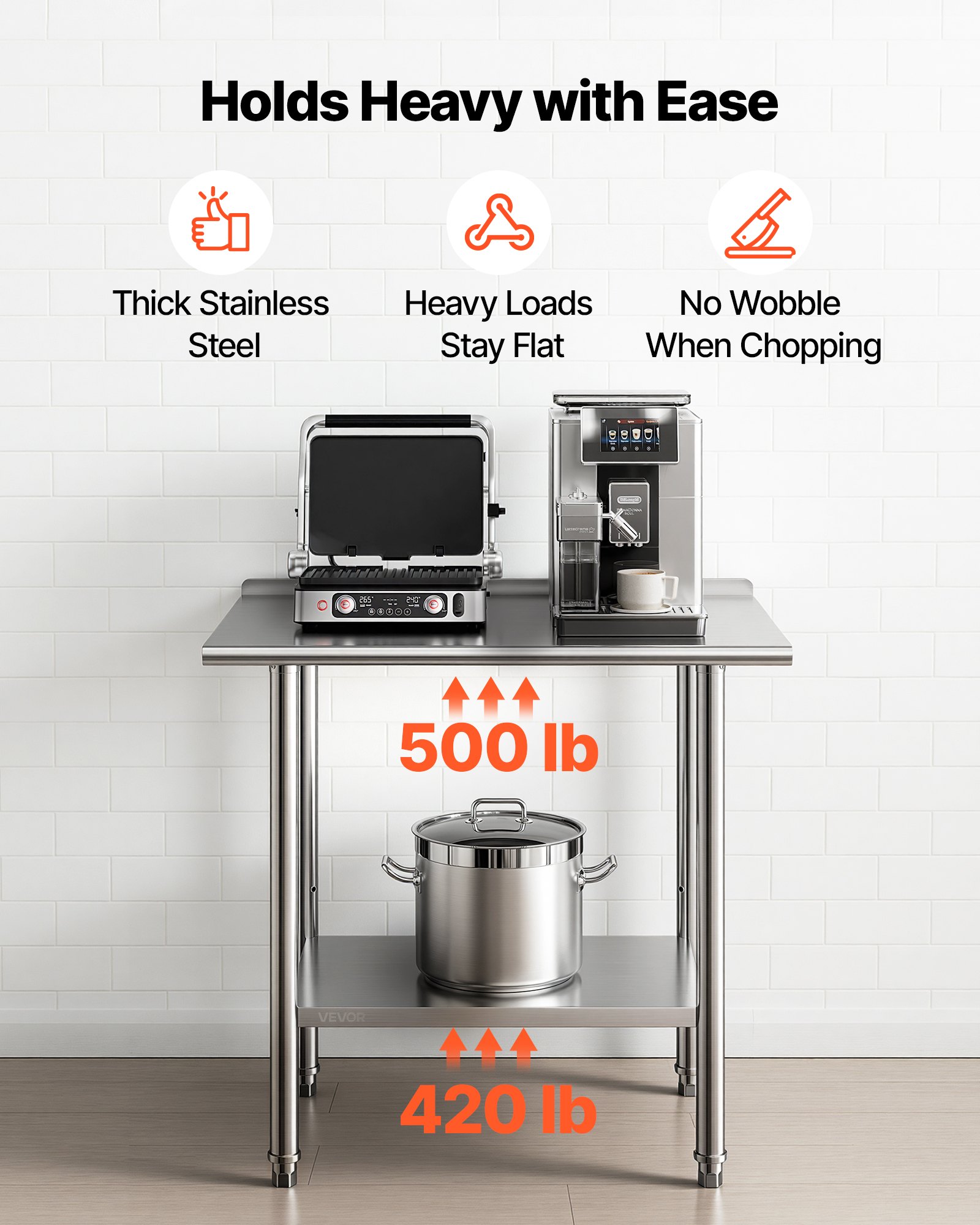 VEVOR Stainless Steel Work Table, 61x91.5 cm Food Prep Table with Backsplash, Commercial Kitchen Workstation with Adjustable Undershelf, Metal Heavy Duty Utility Worktable, for Restaurant Home Outdoor