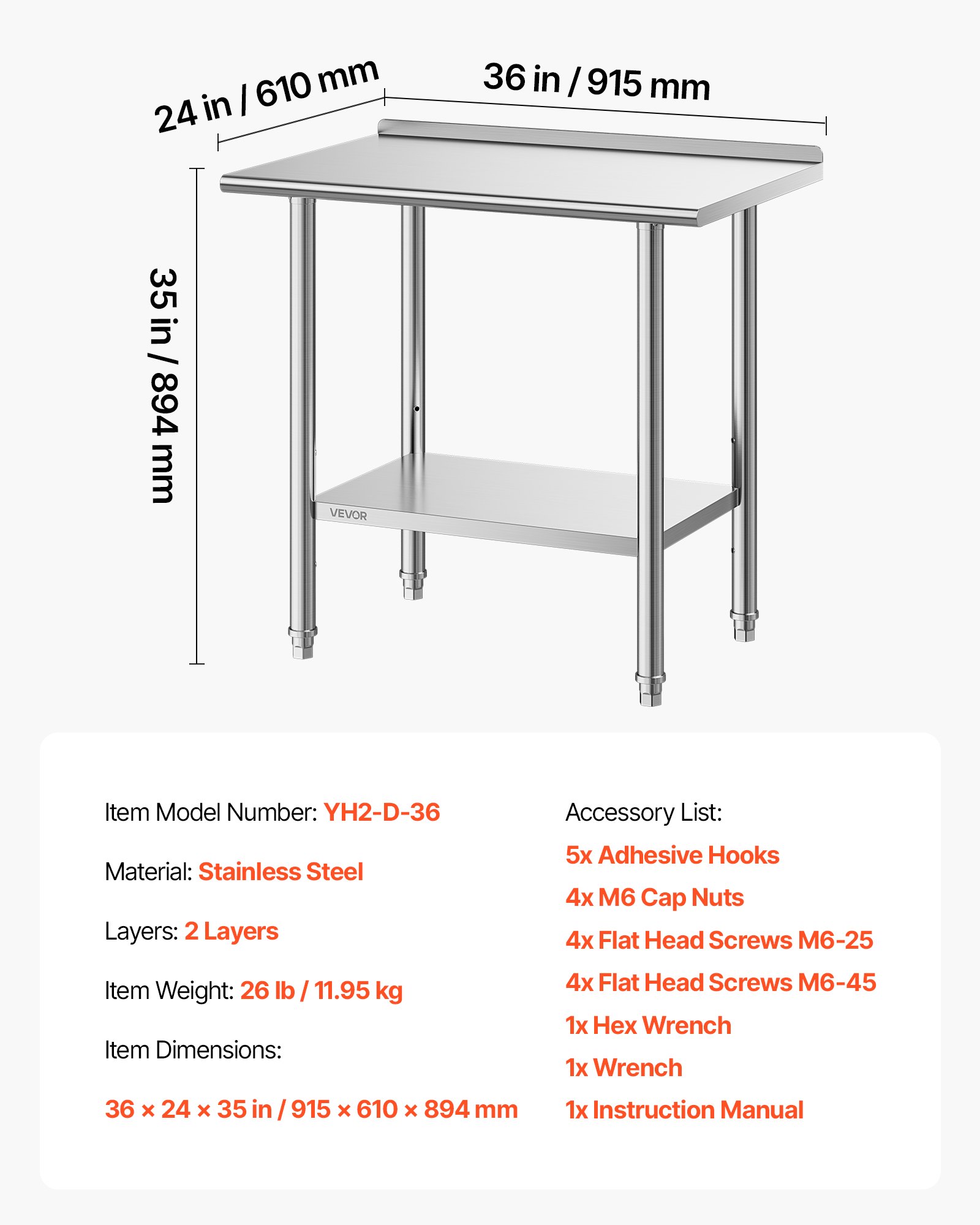 VEVOR Stainless Steel Work Table, 61x91.5 cm Food Prep Table with Backsplash, Commercial Kitchen Workstation with Adjustable Undershelf, Metal Heavy Duty Utility Worktable, for Restaurant Home Outdoor