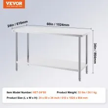 VEVOR Stainless Steel Work Prep Table Commercial Worktable Food Prep 24x60x34in