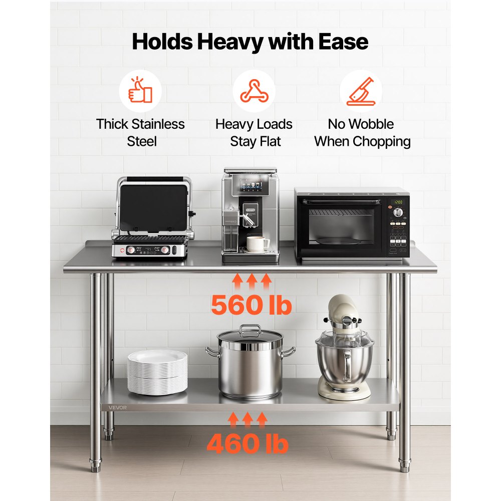 VEVOR Stainless Steel Work Table, 61x152 cm Food Prep Table with Backsplash, Commercial Kitchen Workstation with Adjustable Undershelf, Metal Heavy Duty Utility Worktable, for Restaurant Home Outdoor