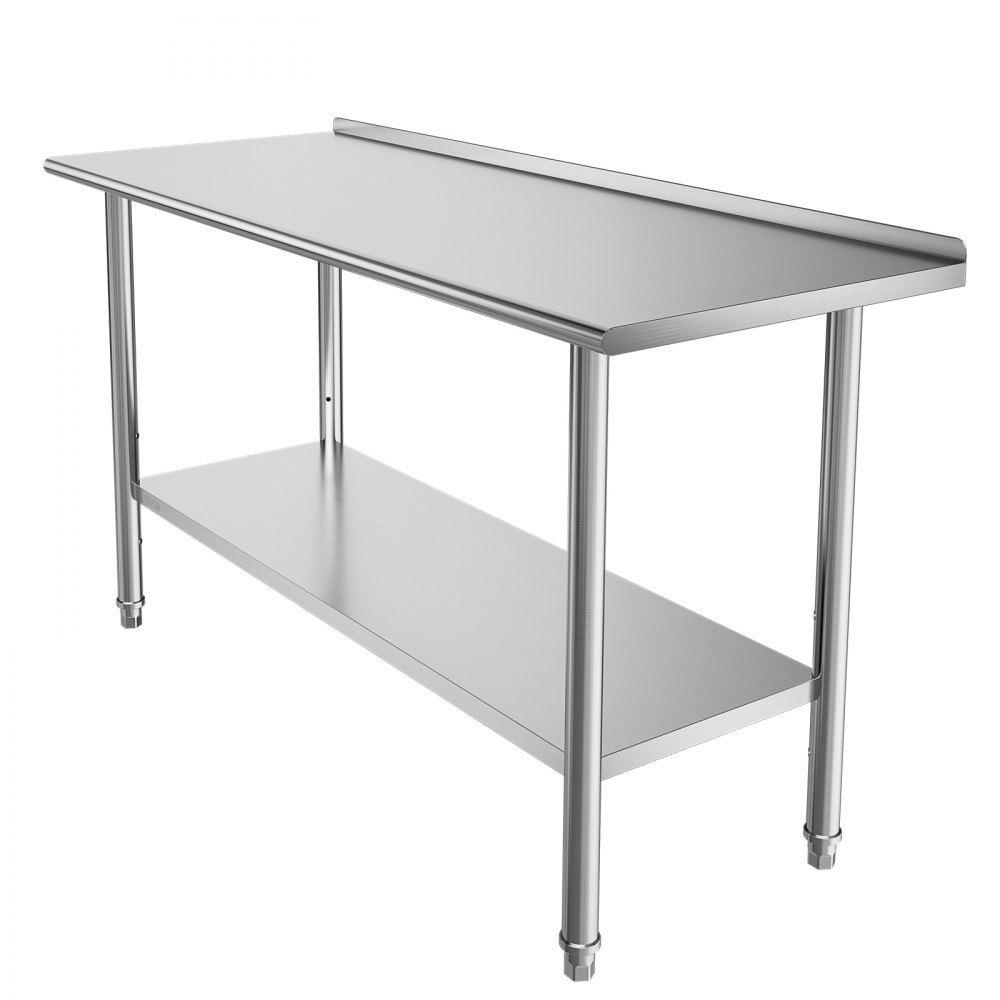 VEVOR Stainless Steel Work Table, 61x152 cm Food Prep Table with Backsplash, Commercial Kitchen Workstation with Adjustable Undershelf, Metal Heavy Duty Utility Worktable, for Restaurant Home Outdoor