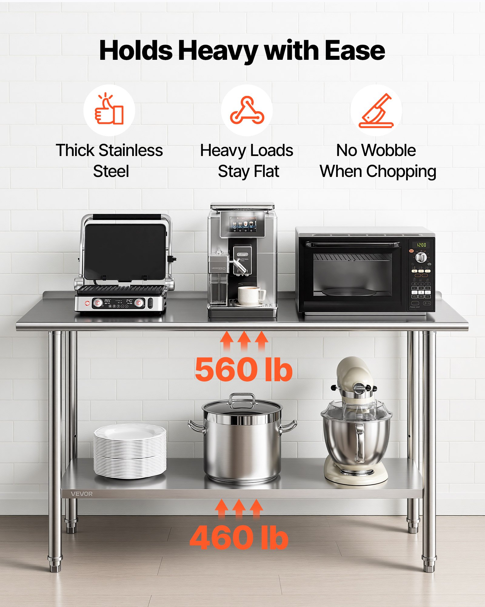 VEVOR Stainless Steel Work Table, 61x152 cm Food Prep Table with Backsplash, Commercial Kitchen Workstation with Adjustable Undershelf, Metal Heavy Duty Utility Worktable, for Restaurant Home Outdoor