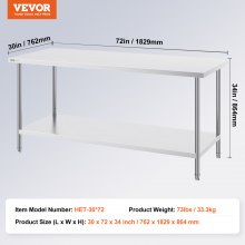 VEVOR Stainless Steel Prep Table, 30 x 72 x 34 Inch, Heavy Duty Metal Worktable with 3 Adjustable Height Levels, Commercial Workstation for Kitchen Garage Restaurant Backyard
