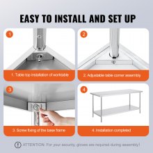 VEVOR Stainless Steel Prep Table, 30 x 72 x 34 Inch, Heavy Duty Metal Worktable with 3 Adjustable Height Levels, Commercial Workstation for Kitchen Garage Restaurant Backyard