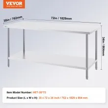 VEVOR Stainless Steel Prep Table, 30 x 72 x 34 Inch, Heavy Duty Metal Worktable with 3 Adjustable Height Levels, Commercial Workstation for Kitchen Garage Restaurant Backyard
