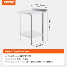 VEVOR 24 x 24 x 36 Inch Stainless Steel Work Table, Commercial Food Prep Worktable Heavy Duty Prep Worktable, Metal Work Table with Adjustable Height for Restaurant, Home and Hotel
