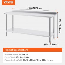 VEVOR 24 x 72 x 36 Inch Stainless Steel Work Table, Commercial Food Prep Worktable Heavy Duty Prep Worktable, Metal Work Table with Adjustable Height for Restaurant, Home and Hotel