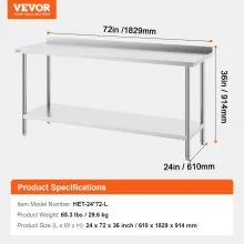 VEVOR Stainless Steel Work Table Commercial Kitchen Work Food Prep Table 24"x72"