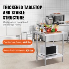 VEVOR Stainless Steel Prep Table, 24 x 30 x 34 Inch, Heavy Duty Metal Worktable with 3 Adjustable Height Levels, Commercial Workstation for Kitchen Garage Restaurant Backyard