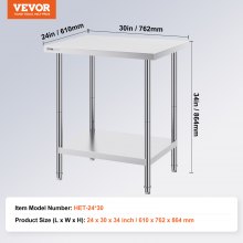 VEVOR Stainless Steel Prep Table, 24 x 30 x 34 Inch, Heavy Duty Metal Worktable with 3 Adjustable Height Levels, Commercial Workstation for Kitchen Garage Restaurant Backyard
