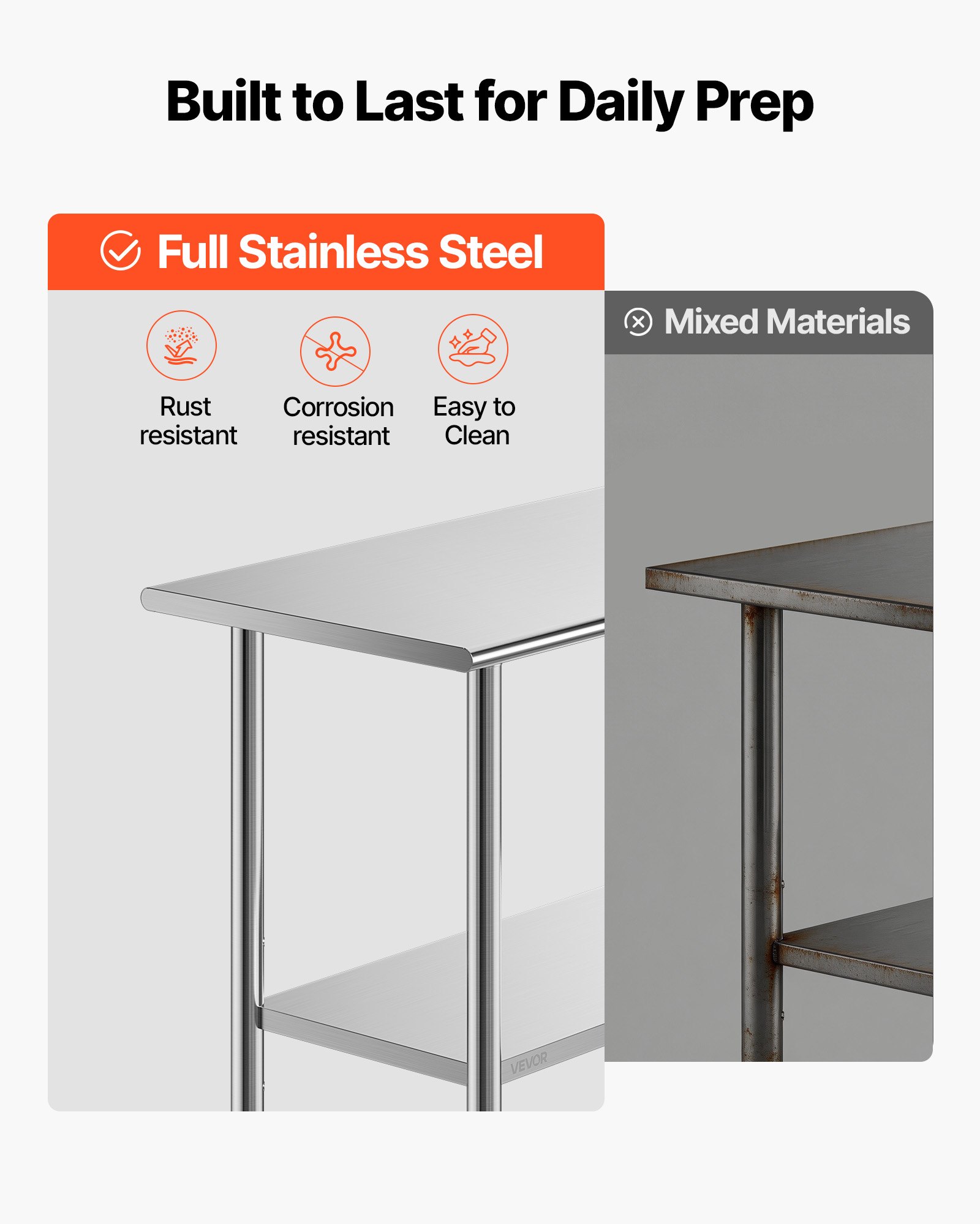 VEVOR Stainless Steel Work Table, 24x60 Inch Food Prep Table, Commercial Kitchen Workstation with Adjustable Undershelf, Metal Heavy Duty Utility Worktable, for Restaurant Home Hotel Garage Outdoor