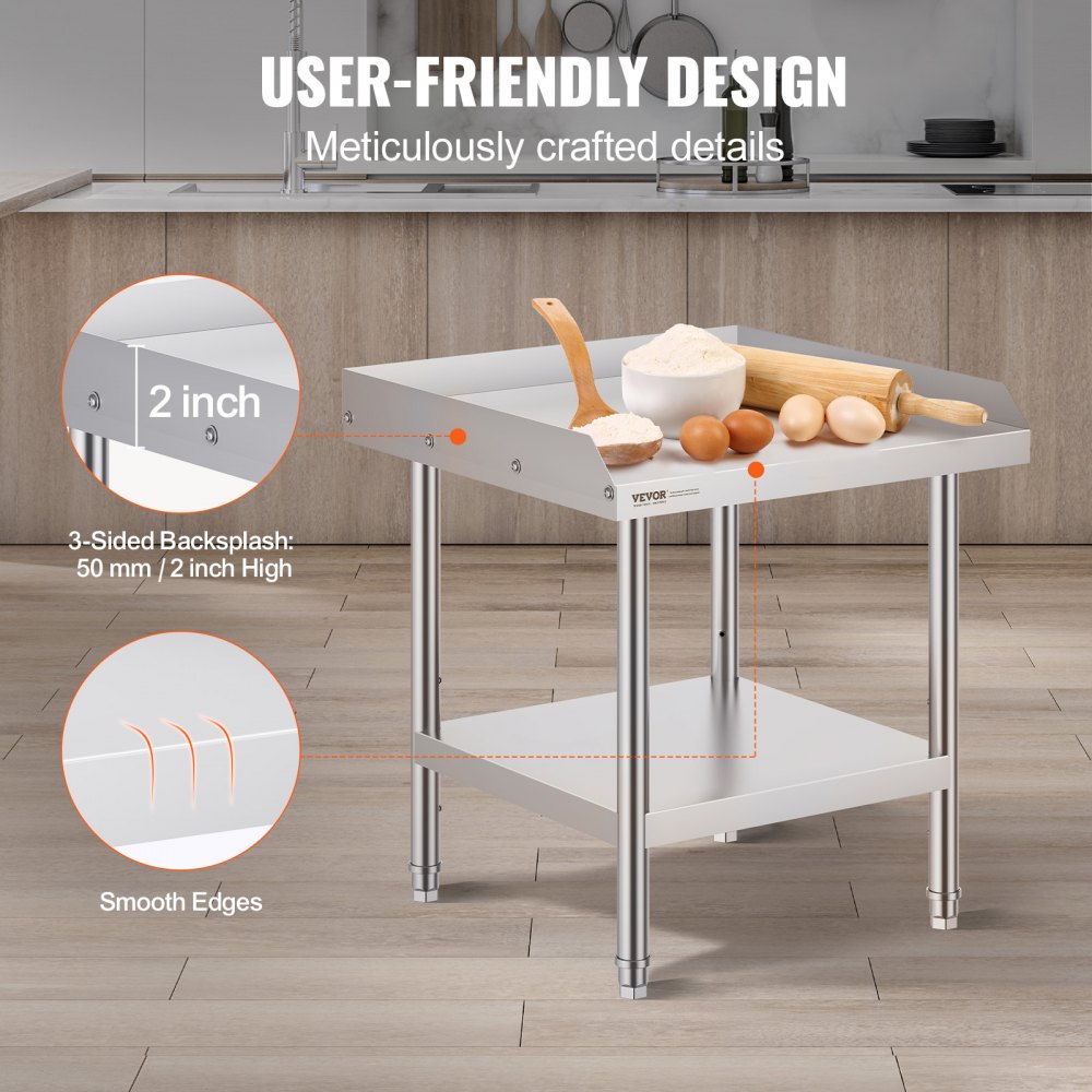 VEVOR stainless steel work table with 3-sided backsplash, smooth edges, and kitchen utensils on top.