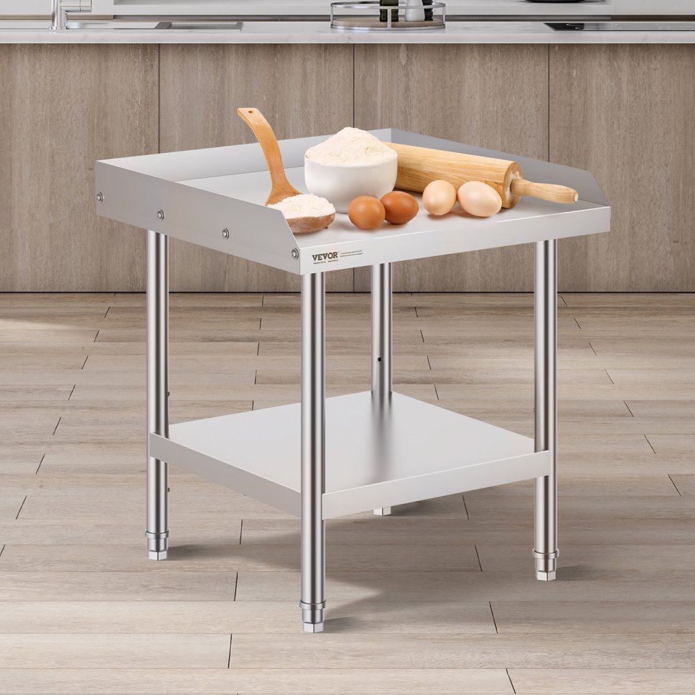 VEVOR stainless steel work table with baking ingredients in a modern kitchen.