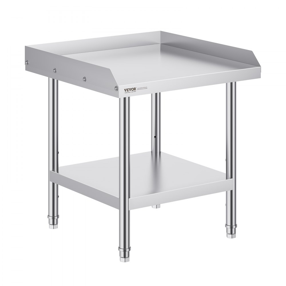 VEVOR stainless steel work table with backsplash and bottom shelf, ideal for kitchen or workshop tasks.