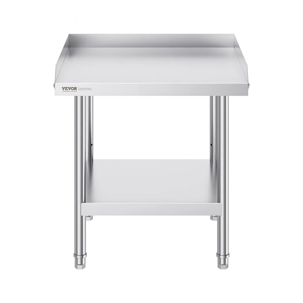 VEVOR stainless steel work table with backsplash and lower shelf for kitchen or commercial use.
