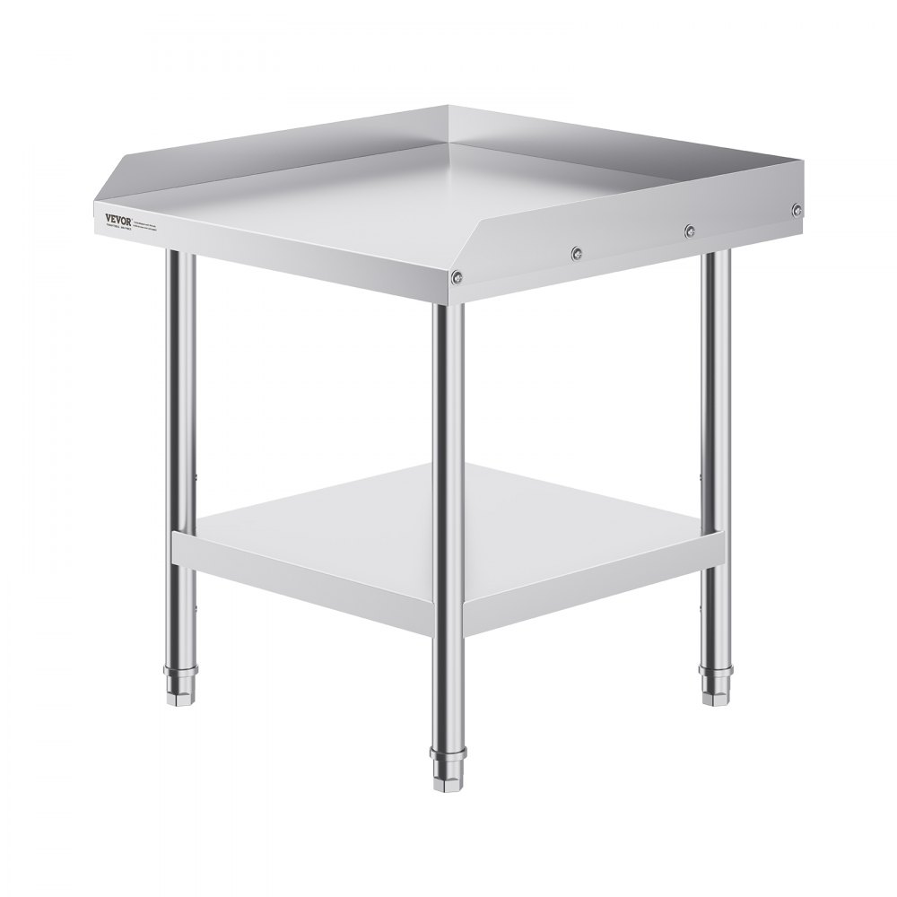 VEVOR stainless steel work table with backsplash and lower shelf, ideal for kitchens and workshops.