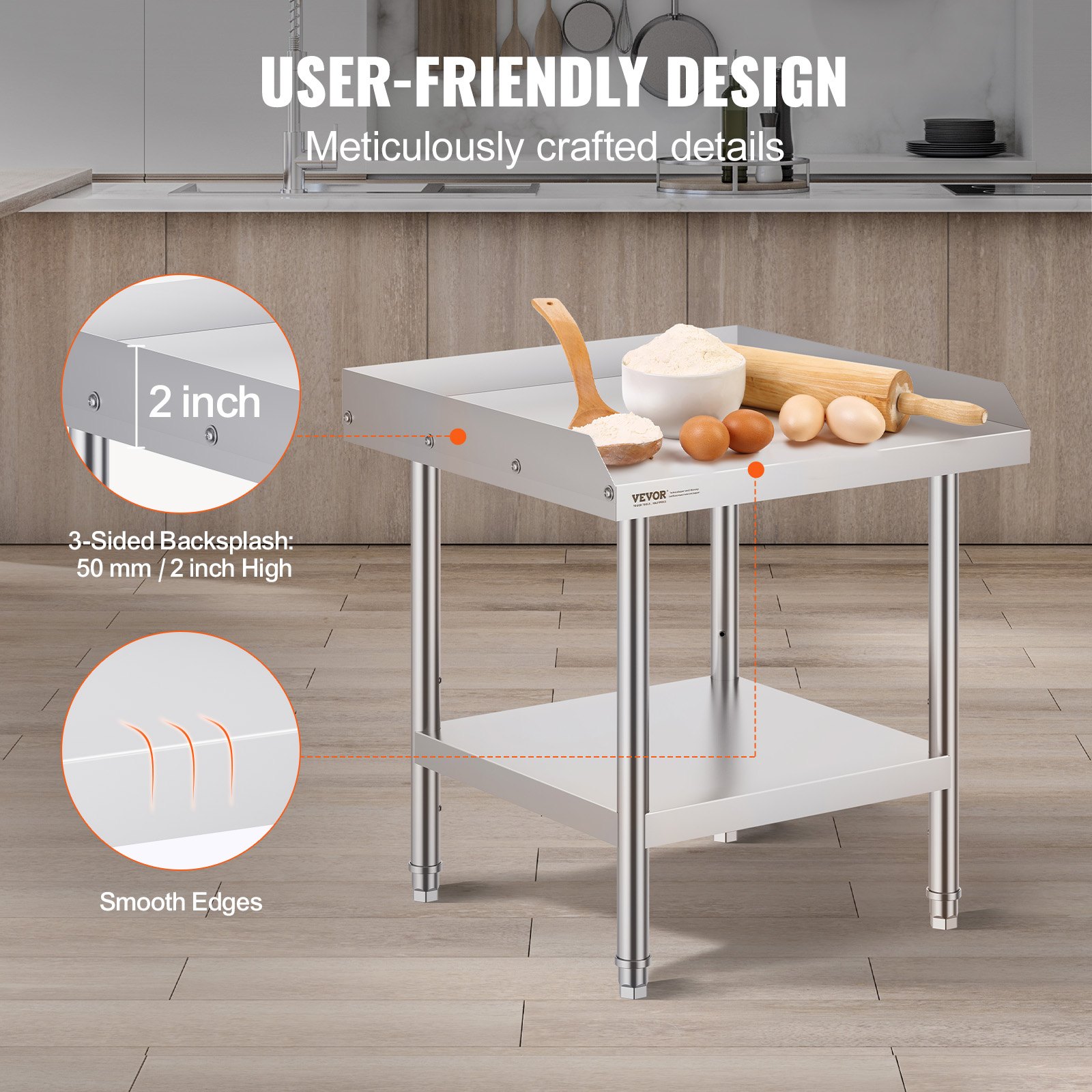 VEVOR stainless steel work table with 3-sided backsplash, smooth edges, and kitchen utensils on top.
