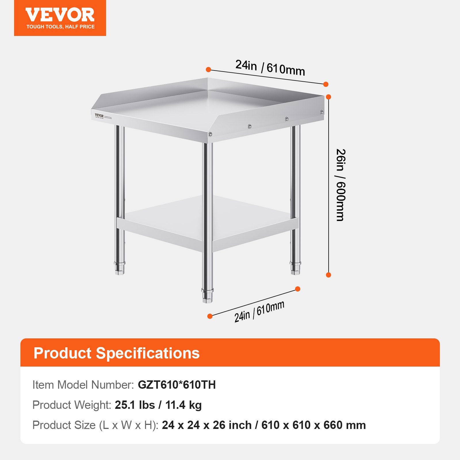 VEVOR stainless steel work table, 24x24x26 inches, model gzt610, with shelf and adjustable feet.