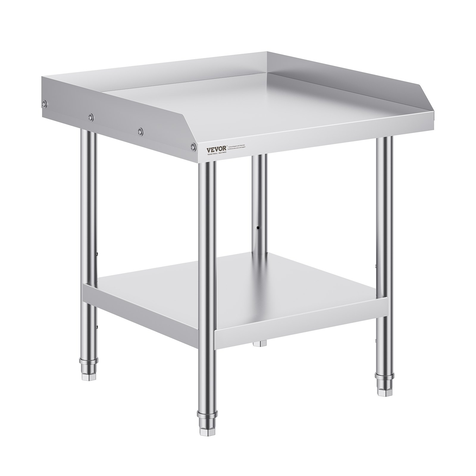 VEVOR stainless steel work table with backsplash and bottom shelf, ideal for kitchen or workshop tasks.