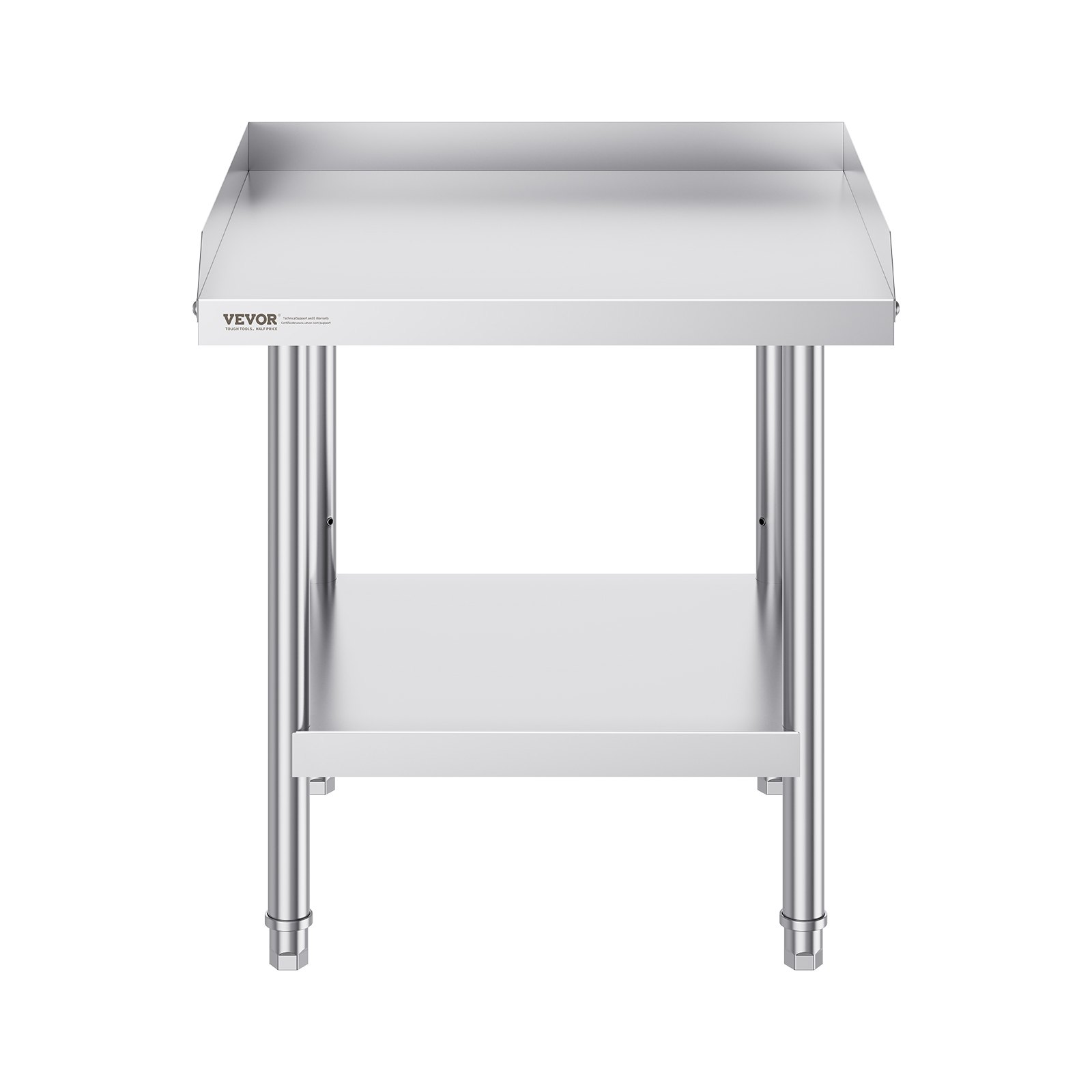 VEVOR stainless steel work table with backsplash and lower shelf for kitchen or commercial use.