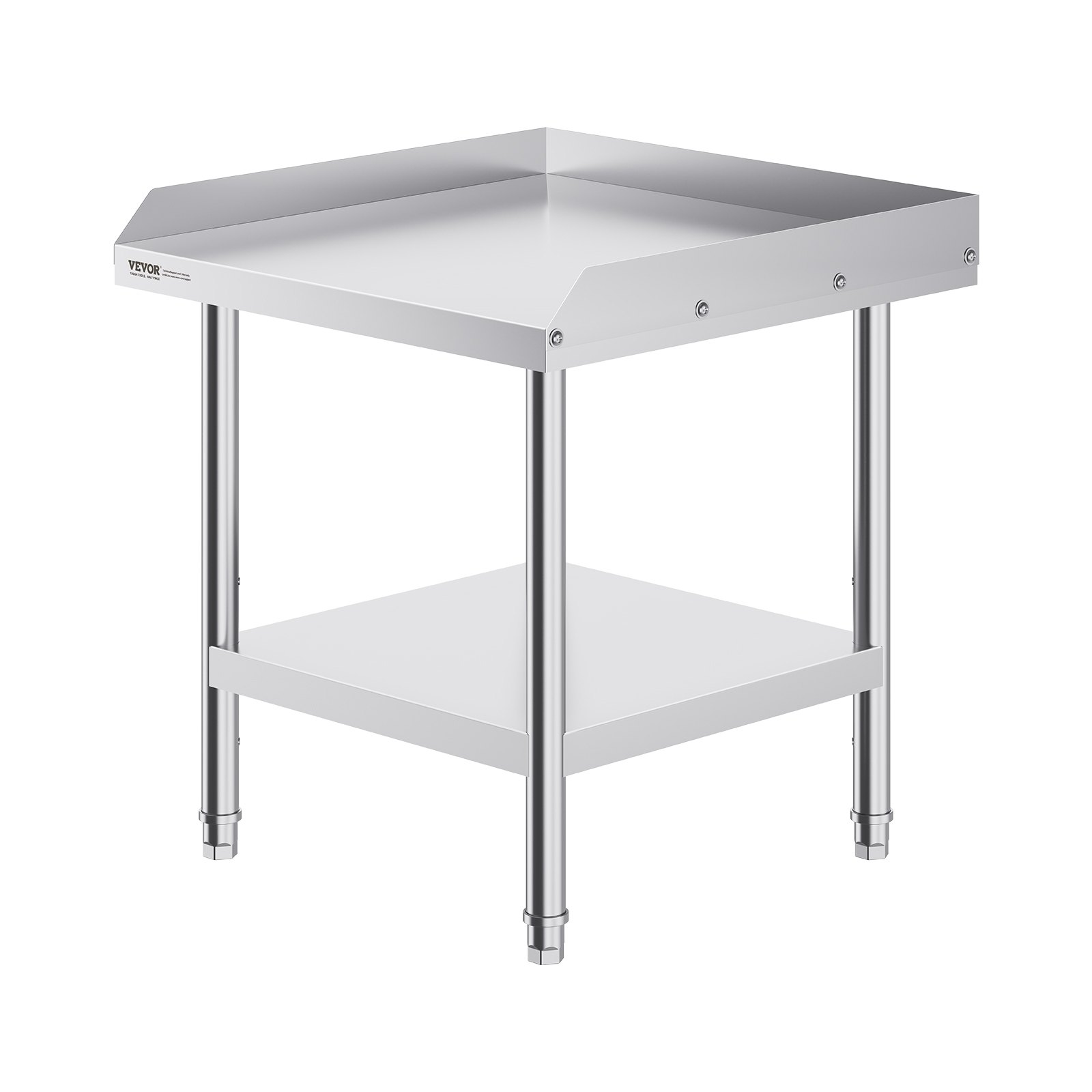 VEVOR stainless steel work table with backsplash and lower shelf, ideal for kitchens and workshops.