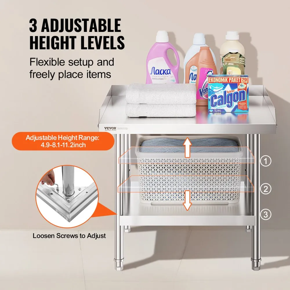 VEVOR stainless steel work table with 3 adjustable height levels holding laundry items, towels, and storage baskets.