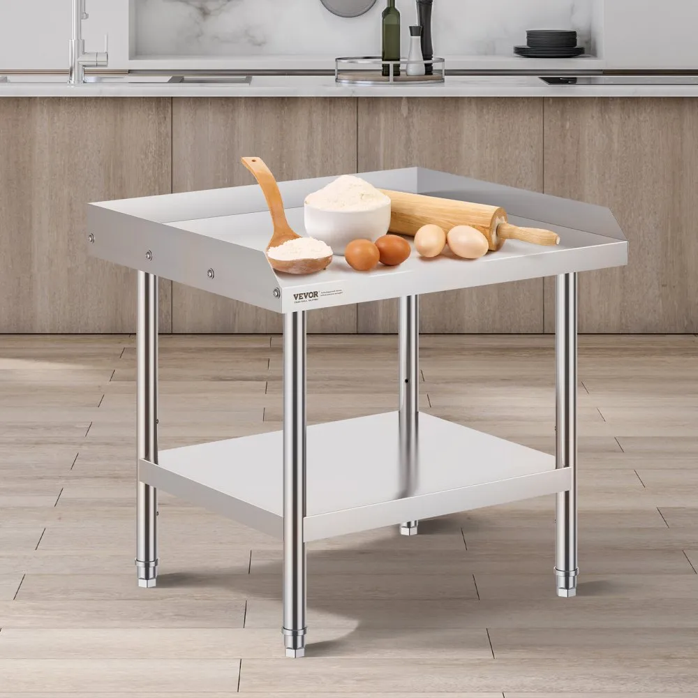 VEVOR stainless steel work table in kitchen, topped with flour, eggs, rolling pin, and utensils.