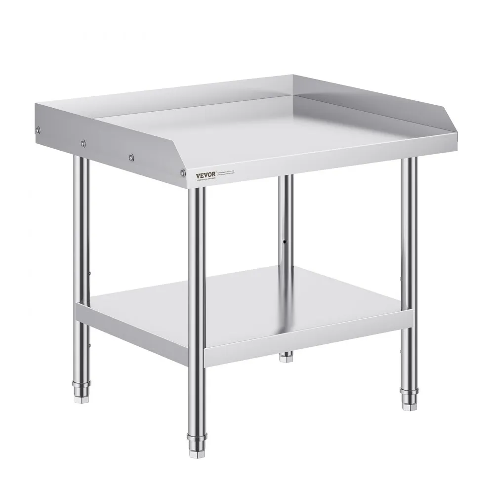 VEVOR stainless steel work table with backsplash and lower shelf, perfect for kitchen prep areas.