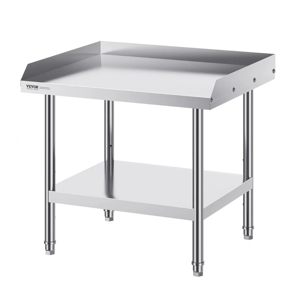 VEVOR stainless steel work table with bottom shelf, raised edges, and sturdy legs.