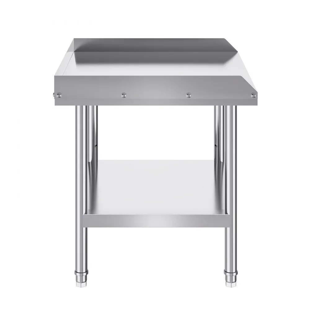 VEVOR stainless steel work table with a backsplash, undershelf, and sturdy adjustable legs.