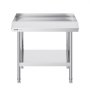 VEVOR stainless steel work table with backsplash and lower shelf, sturdy and durable for kitchen use.