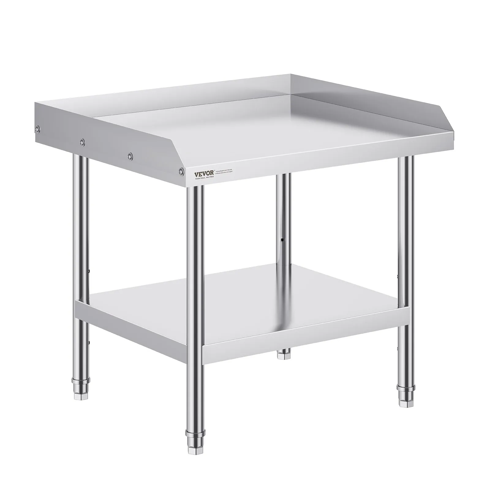 VEVOR stainless steel work table with backsplash and lower shelf, perfect for kitchen prep areas.