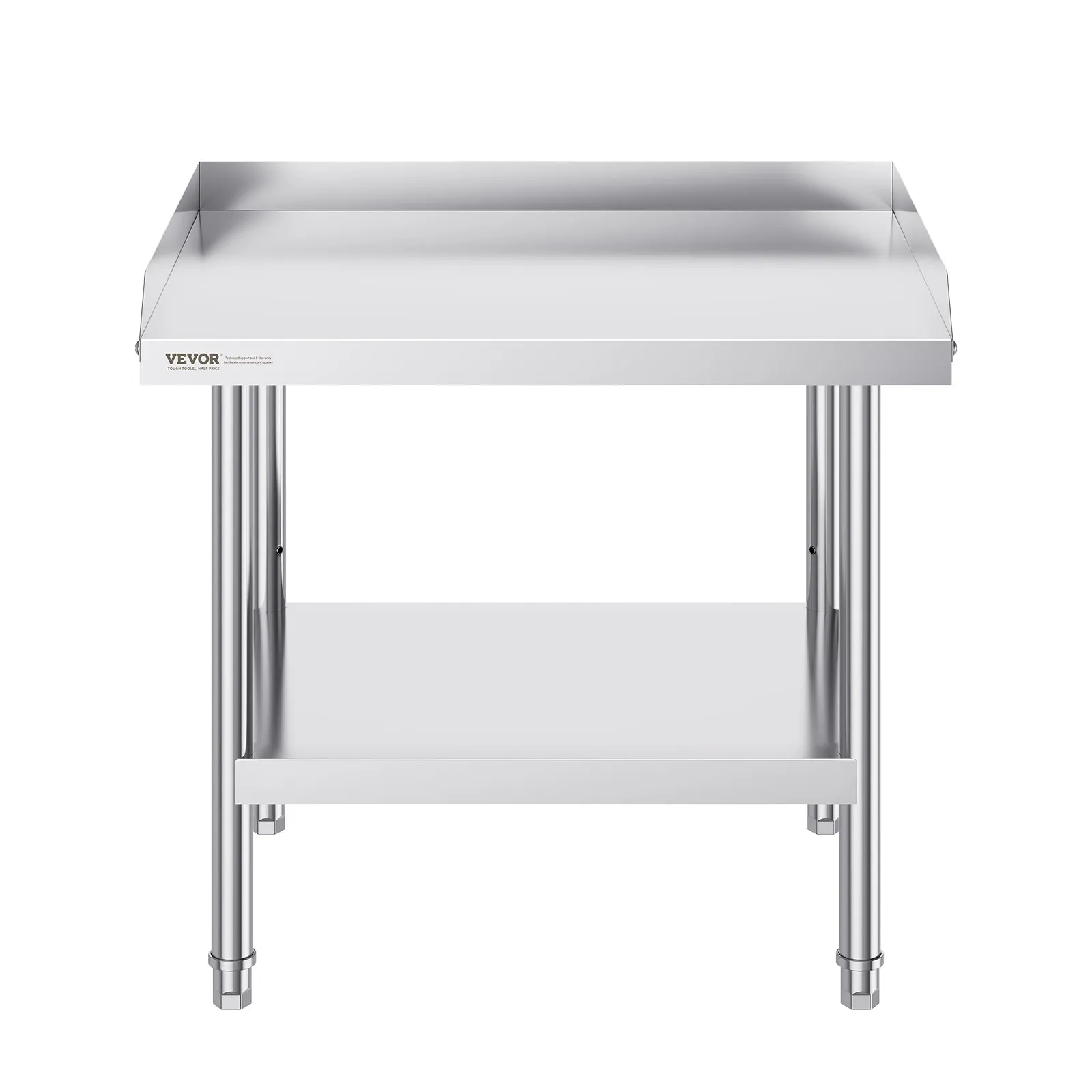 VEVOR stainless steel work table with backsplash and lower shelf, sturdy and durable for kitchen use.