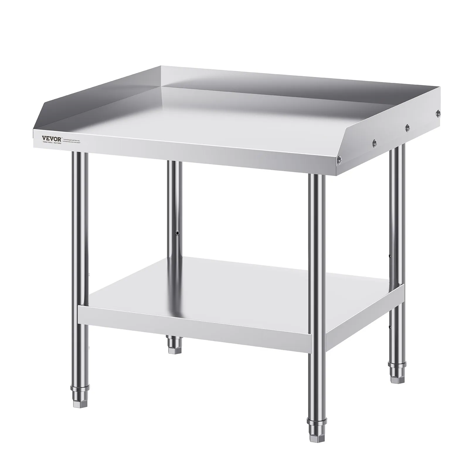 VEVOR stainless steel work table with bottom shelf, raised edges, and sturdy legs.
