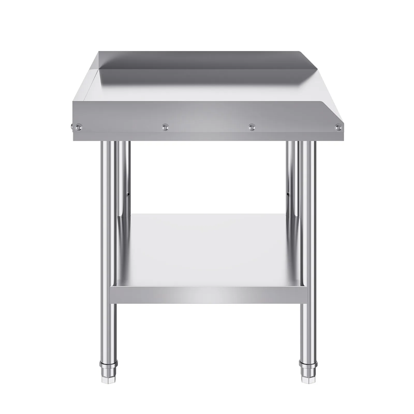 VEVOR stainless steel work table with a backsplash, undershelf, and sturdy adjustable legs.
