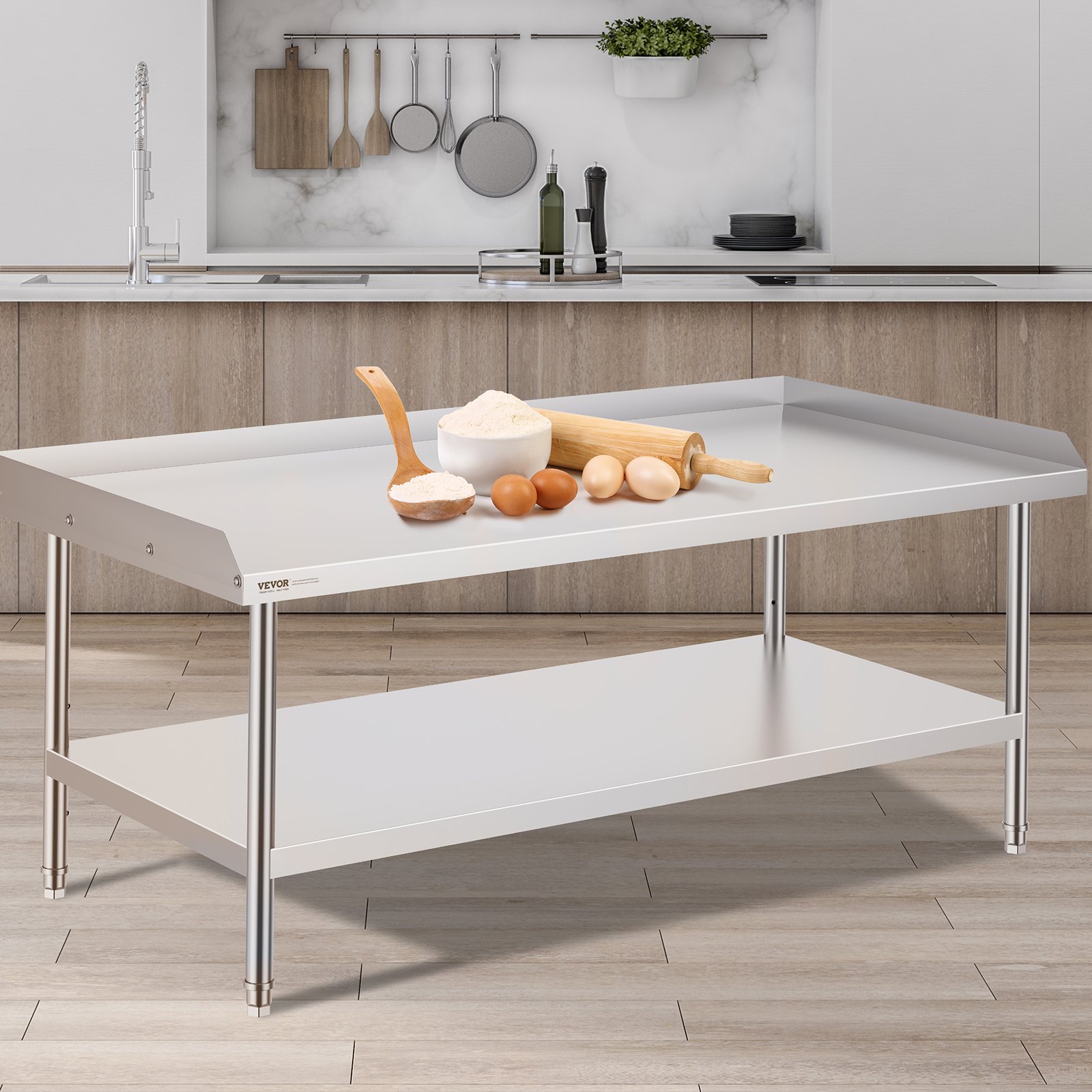 VEVOR Stainless Steel Work Table, 30 x 60 x 26 Inch Commercial Food Prep Worktable, 3-Sided Backsplash Heavy Duty Prep Worktable, Metal Work Table for Restaurant Home Hotel