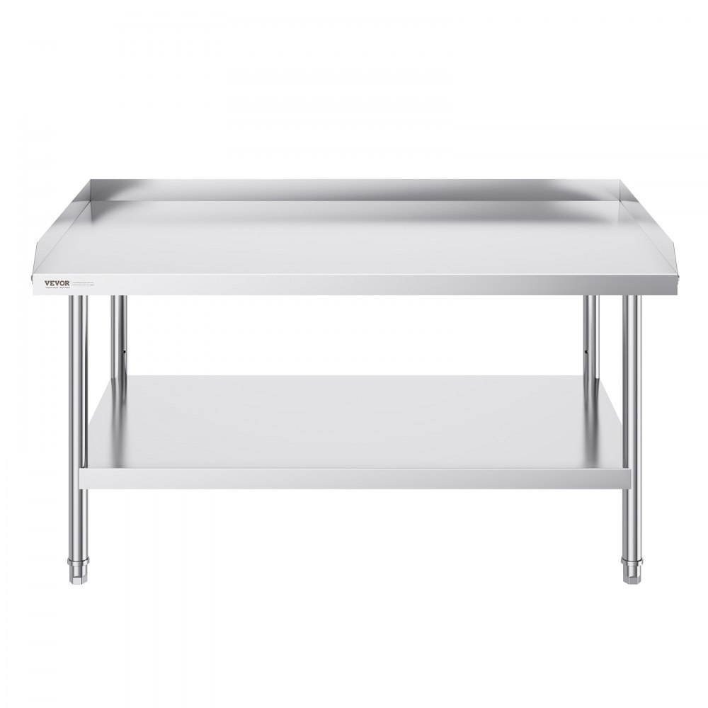VEVOR stainless steel work table with lower shelf and backsplash.