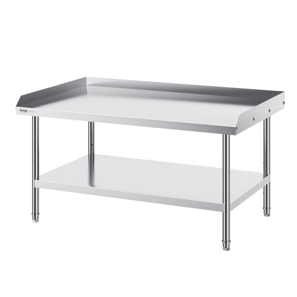 VEVOR stainless steel work table with a bottom shelf and raised edges on a sleek, polished surface.