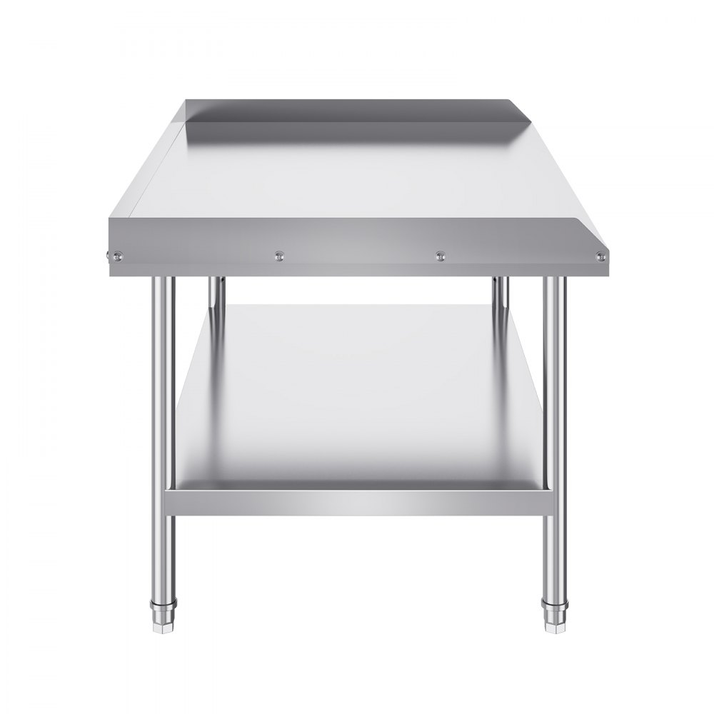 VEVOR stainless steel work table with undershelf and backsplash, sturdy metal legs, and adjustable feet.