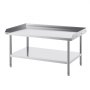 VEVOR stainless steel work table with a bottom shelf and raised edges on a sleek, polished surface.
