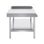 VEVOR stainless steel work table with undershelf and backsplash, sturdy metal legs, and adjustable feet.